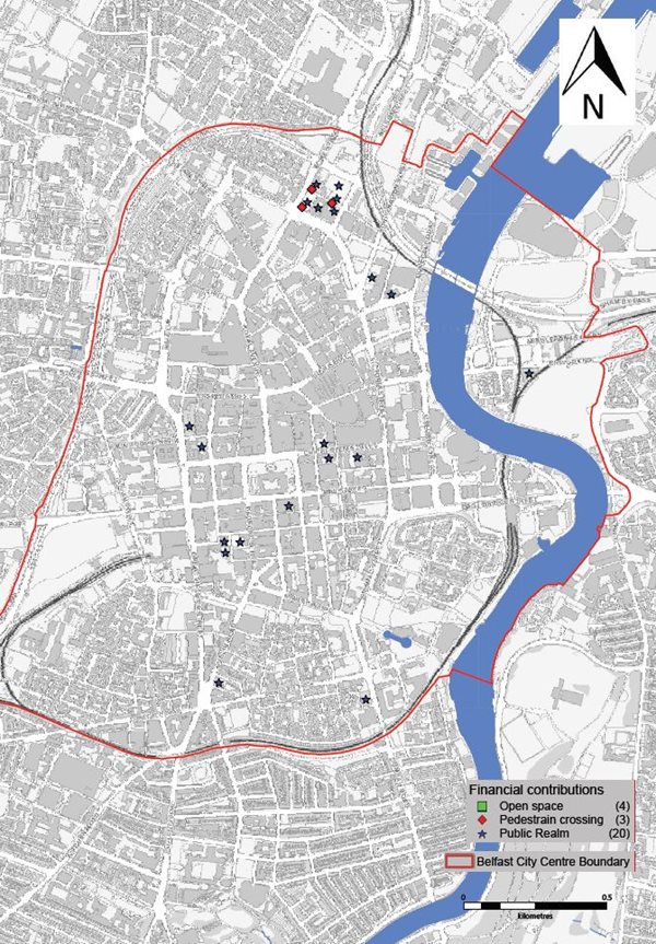Map showing location of Financial Developer Contributions across the City Centre, including three pedestrian crossings and 20 public realm projects.