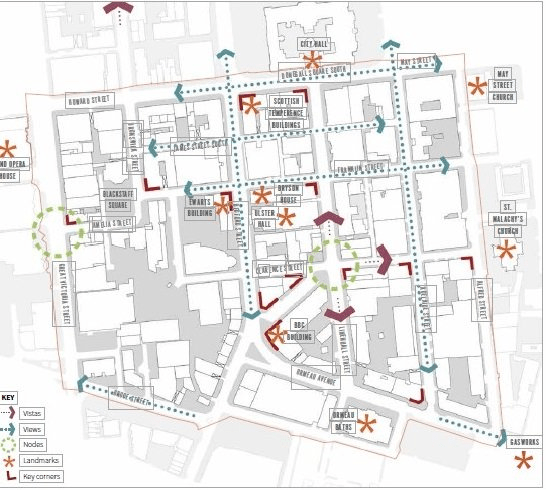 Map shows views, vistas, landmarks and nodes in the Linen Quarter, Belfast