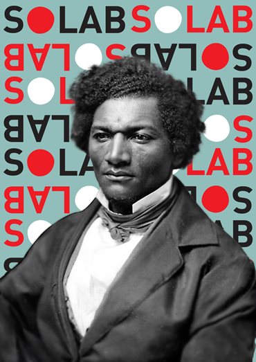 An image of Frederick Douglass in black and white with a colourful background displaying the 'Solab' logo