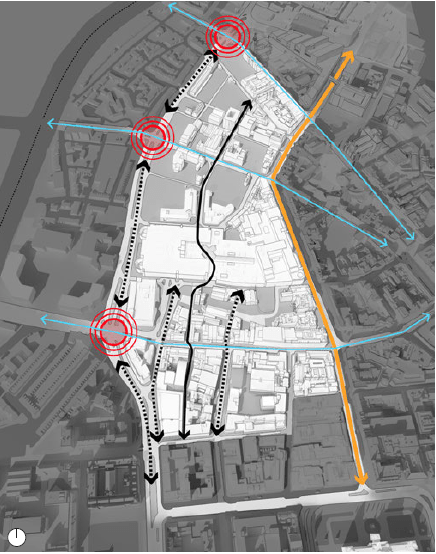Improve North South Connections. Blue arrows: Strengthened East West Connections. Yellow arrows: Royal Avenue. Black arrows: Central Spine. Dotted arrow: Strengthened North South Connections. Red circles: Improved junctions and crossings (map)
