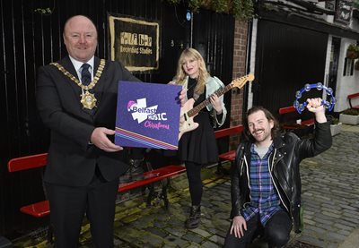 Lord Mayor of Belfast, Alderman Frank McCoubrey joined music producers Katie Richardson and George Dorrian outside Half Bap Studios for the launch of the Belfast Music Christmas Album.
