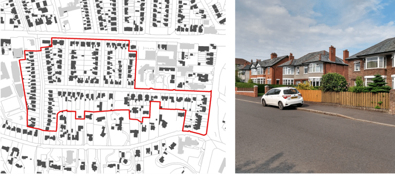 An illustrated map of a residential area; the figure-ground diagram has a uniform and compact urban grain, characterised by a somewhat common density. Its parallel street pattern is lined with a mix of detached and semi-detached dwellings, shown in a photo next to the map.