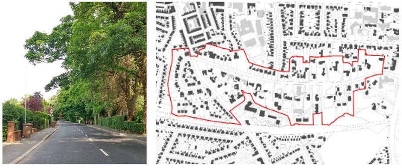 An illustrated map of a residential area with a less compact and more organic urban grain, a greater mix of densities and set within a tree-lined streetscene, shown in an accompanying photo.