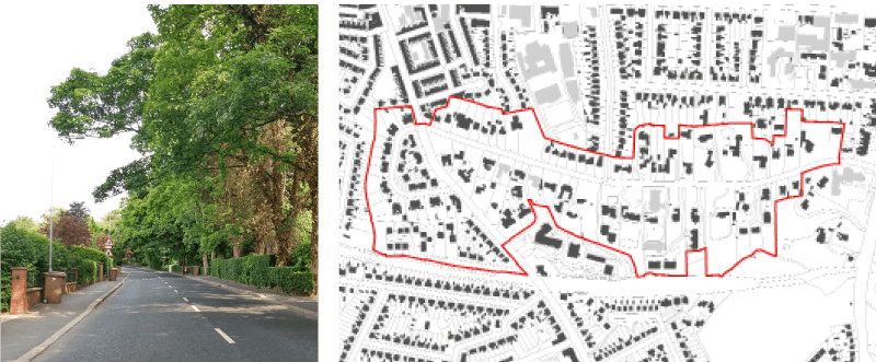 An illustrated map of a residential area with a less compact and more organic urban grain, a greater mix of densities and set within a tree-lined streetscene, shown in an accompanying photo.