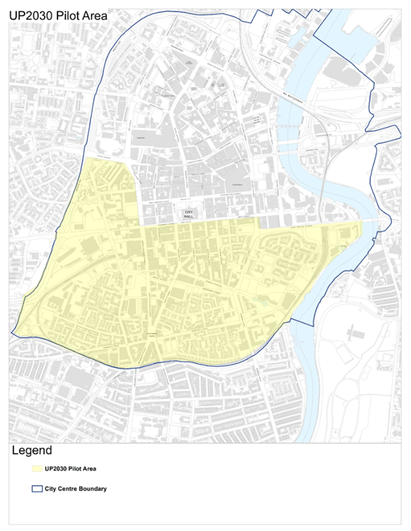 The boundary for UP2030 extends westward from East Bridge Street, proceeding north onto Cromac Street and west along May Street, Donegall Square South, Howard Street, and onto Grosvenor Road at its junction with Westlink. It extends southwards to encompass Great Victoria Street, lower Donegall Road, Donegall Pass, lower Ormeau Road, and Gasworks and Market areas. From the Grosvenor / Westlink junction, the boundary extends North along Westlink as far as Divis Street, and eastwards to College Avenue.