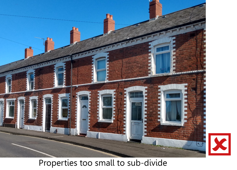 Terraced red-brick houses which are too small to sub-divide.
