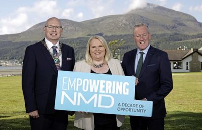 Finance minister Conor Murphy (right) with Newry, Mourne and Down District Council mayor Michael Savage and chief executive Marie Ward