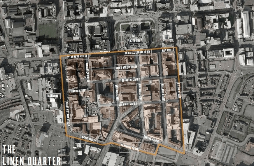 Aerial photograph of Linen Quarter streets in Belfast