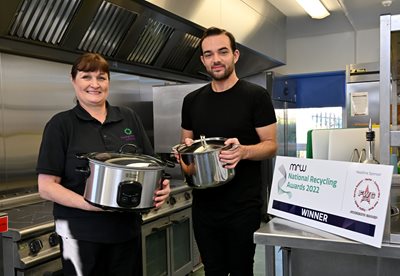 Councillor Micky Murray at the kitchen in Footprints Women’s centre with Eileen Wilson.