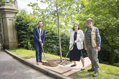 Lord Mayor of Belfast, Councillor Micky Murray with Cathryn McOscar from Belfast City Council and Cormac Hamill, Chair of the Cavehill Conservation Group.