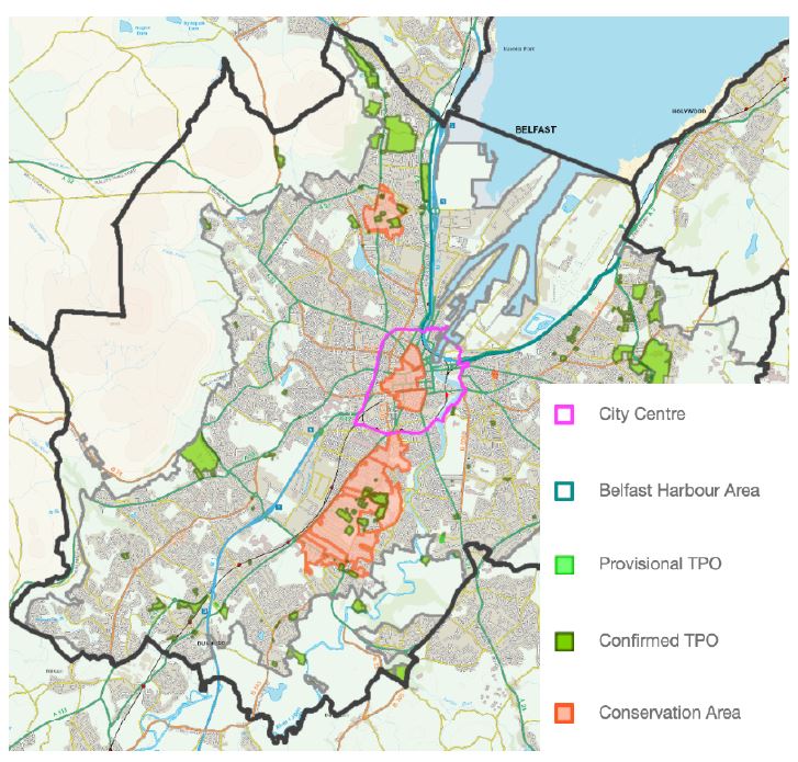 Screen grab image of interactive map of Belfast. The city centre is outlined in pink, and Belfast Harbour area in blue. The map shows scattered areas of shading, with light green areas indicating provisional Tree Preservation Orders (TPOs), and dark green areas indicating confirmed TPOs. Conservation Areas are shaded in orange. Confirmed TPO's are present intermittedly throughout Belfast, but are notably missing to the North-West of the boundary. Conservation areas are confined to the centre North and South of the map, a large proportion of which is located within the city centre's boundary.
