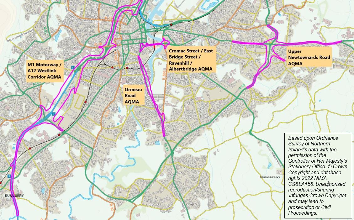 This map is based upon Ordnance Survey of Northern Ireland's data with the permission of the Controller of Her Majesty's Stationery Office and shows the M1 Motorway to A12 Westlink Corridor AQMA, Ormeau Road AQMA, Cromac Street, East Bridge Street, Ravenhill and Albertbridge AQMA and Upper Newtownards Road AQMA. Crown Copyright and database rights 2022 NIMA CS&LA156. Unauthorised reproduction or sharing infringes Crown Copyright and may lead to prosecution or Civil Proceedings.