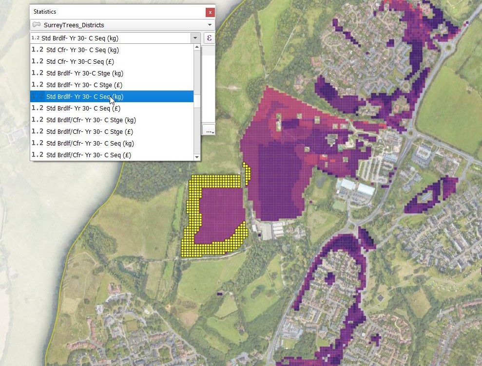 Screen grab image of an interactive tree opportunity map that infers species suitability based upon future projections. A drop down menu is shown, with different selectable carbon storage and sequestration values after 30-years for standard conifer, broadleaved woodland, and broadleaved / conifer woodlands.