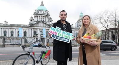 Councillor Micky Murray and Kim Kensett from the Public Health Agency launch the new 'Move More and Eat Well' funding at City Hall