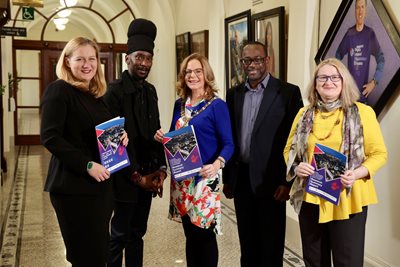 Lord Mayor Christina Black with Dr Lucy Michael, Donald Takura Markoni, Dr Livingstone Thompson and Barbara Snowarska at Belfast City Hall.