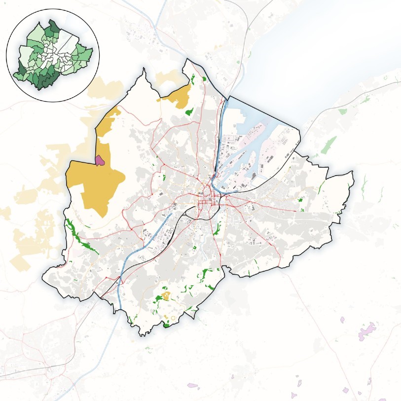 Map of Belfast with priority habitats highlighted. These habitats are shown in green for woodlands, yellow for grasslands, and pink for peat lands. The map shows many small pockets of these habitats through the city region. The most notable is a large yellow patch in the North and North West indicating a large grassland habitat. Woodlands shown in green tend to be bigger and more frequent the further out they are from the city centre. The figure also shows an inset to compare Figure 3 a map of the canopy cover by ward.