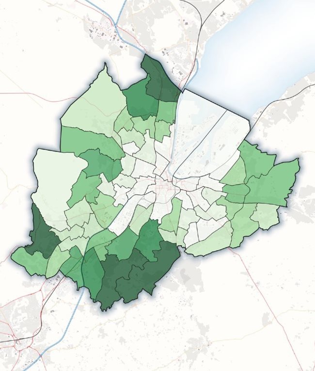 Map of Belfast divided by ward. Each ward is shaded green, with the darker green wards indicating a higher percentage of canopy cover. There is a distinct pattern of the city centre having lower canopy cover and the outer regions having higher canopy cover. This is especially clear in the the far north and far south of the city. The highest percentages are shown to be in the region of 43%25 to 49%25 whereas the inner city wards have canopy cover as low as 1%25 to 7%25.