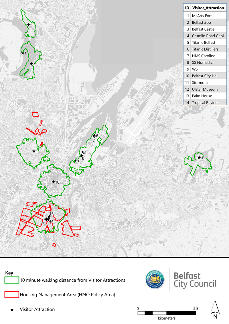 Map showing visitor attractions and Housing Management Areas in Belfast, with green outlines indicating 10-minute walking distances from 14 key visitor attractions marked with stars and red outlines marking housing management areas designated under HMO policy. The map includes a legend, scale bar, north arrow, and labels for each visitor attraction, which are numbered and listed by name in the top right corner. The map therefore highlights the spatial relationships between visitor attractions and housing management areas across the city.