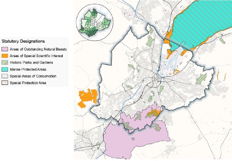 Map of Belfast with Statutory Designations highlighted with Areas of Outstanding Natural Beauty (AONB) in purple. The only AONB shown is a large patch of land on the Southern border of the city region and beyond. Areas of Special Scientific Interest are in orange, these are scattered throughout the region with the most significant at the harbour and just outside the city to the West. Historic Parks and Gardens are highlighted green with red hatching and are found throughout the city in small pockets. There is one large Marine Protected Area highlighted in blue which encompasses the water from the Harbour outwards North-East of the city. This same stretch of water is hatched in red to denote a Special Protection Area. The figure also shows an inset to compare Figure 3 a map of the canopy cover by ward.