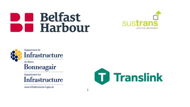 Logos of stakeholders involved in the development of Belfast City Air Quality Action Plan 2021-2026, including Belfast Harbour, Sustrans, the Department for Infrastructure and Translink.