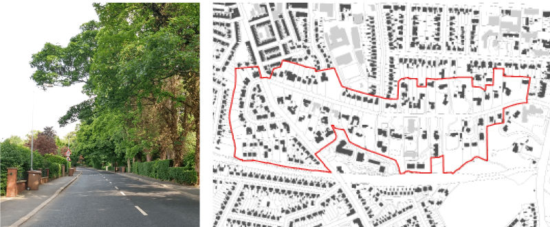 An illustrated map of a residential area with a less compact and more organic urban grain, a greater mix of densities and set within a tree-lined streetscene, shown in an accompanying photo.