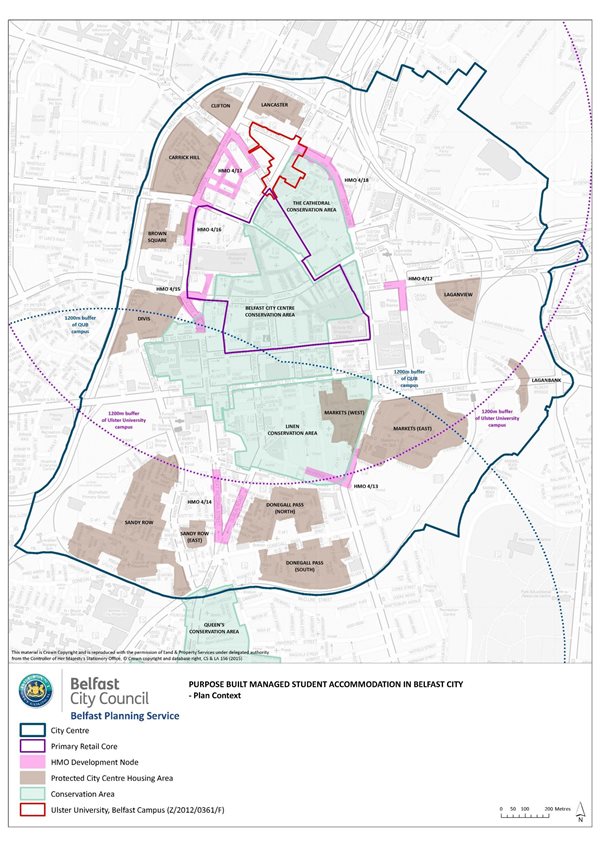 Map showing the plan context for Purpose Built Managed Student Accommodation in Belfast City Centre.