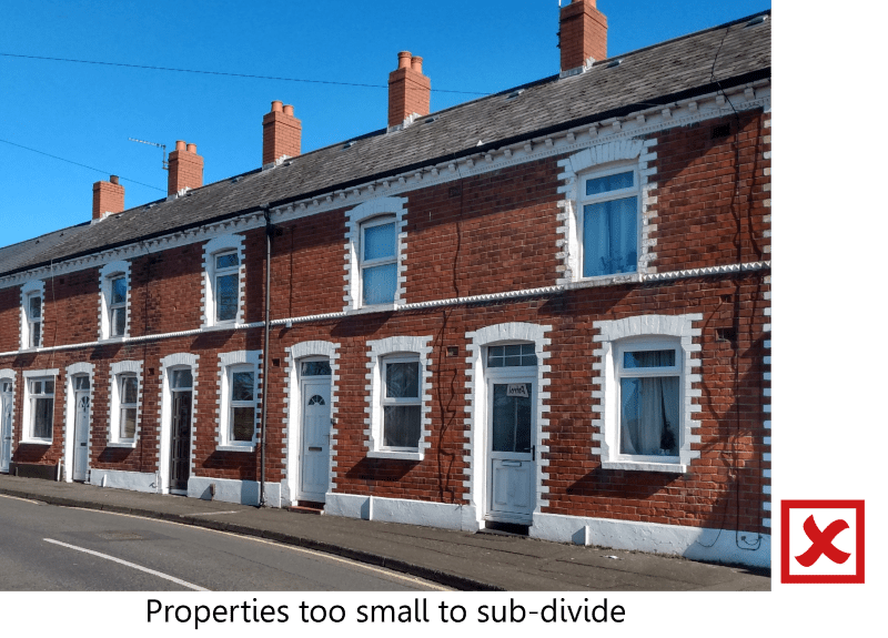 Terraced red-brick houses which are too small to sub-divide.