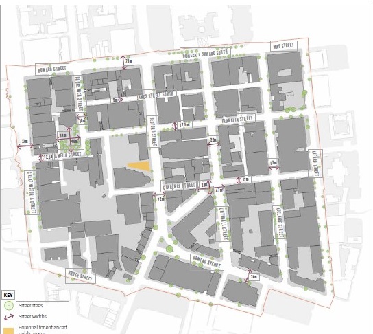 Map shows streets, spaces and public realm sites in the Linen Quarter, Belfast