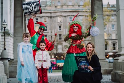 Lord Mayor of Belfast Councillor Kate Nicholl is joined by Emily and Daniel McKeown and some performers who are getting ready for Belfast’s festive fairytale to begin