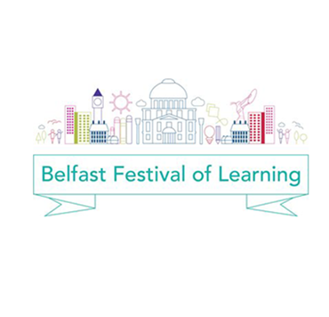 Belfast Festival of Learning icons with city scape graphics 