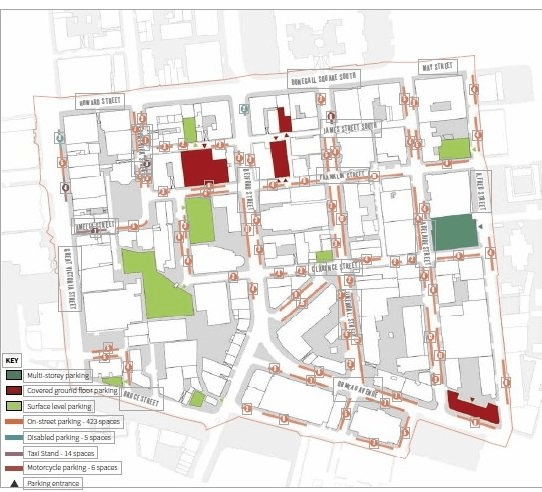 Map shows parking locations in the Linen Quarter, Belfast