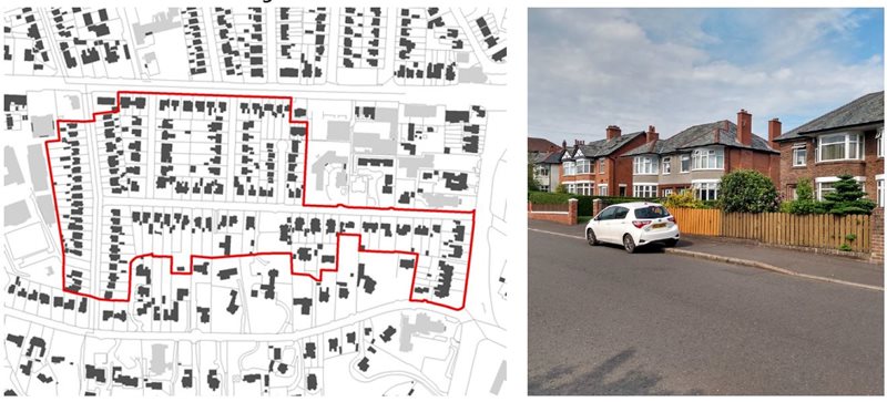 An illustrated map of a residential area; the figure-ground diagram has a uniform and compact urban grain, characterised by a somewhat common density. Its parallel street pattern is lined with a mix of detached and semi-detached dwellings, shown in a photo next to the map.