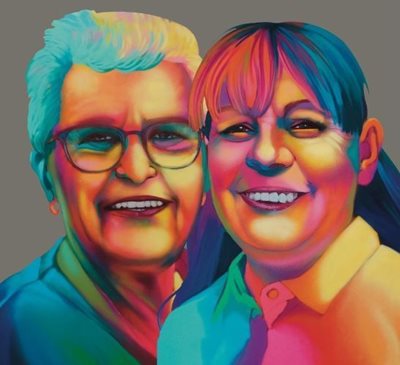 Graphic painting of two women, one older and one younger