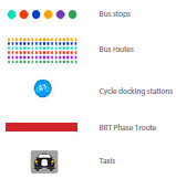 Key -  Bus stops Bus routes Cycle docking stations BRT Phase 1route Taxis